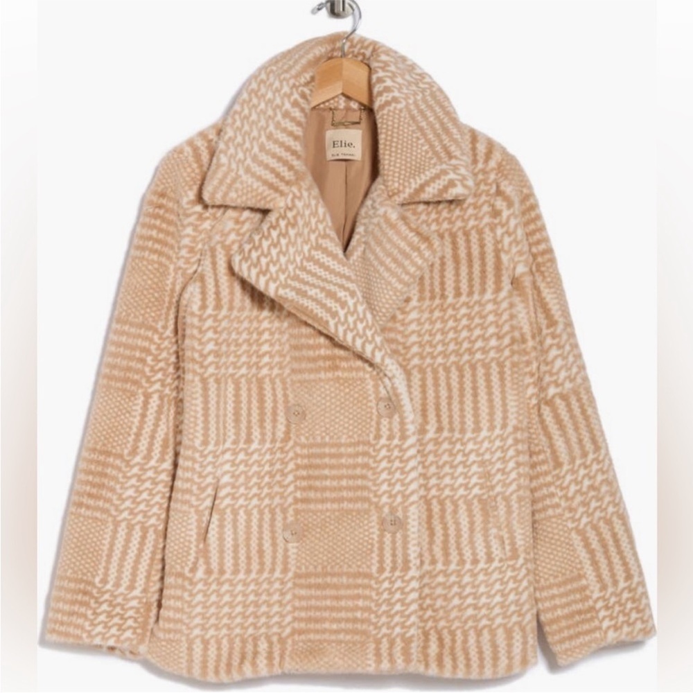 Elie. Elie Tahari Tan and White Houndstooth Faux Fur Double Breasted Jacket L - Picture 14 of 14